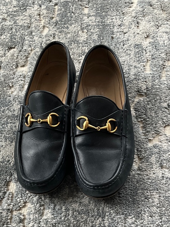 Gucci Shoes - Gucci Navy Leather Loafers with Gold Horsebit